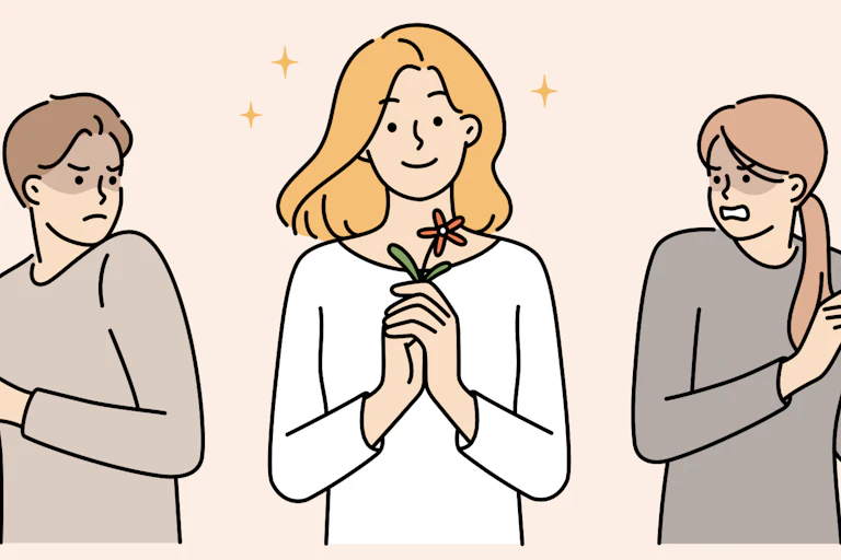 Ilustração de uma mulher segurando uma flor e duas outras com cara de inveja
