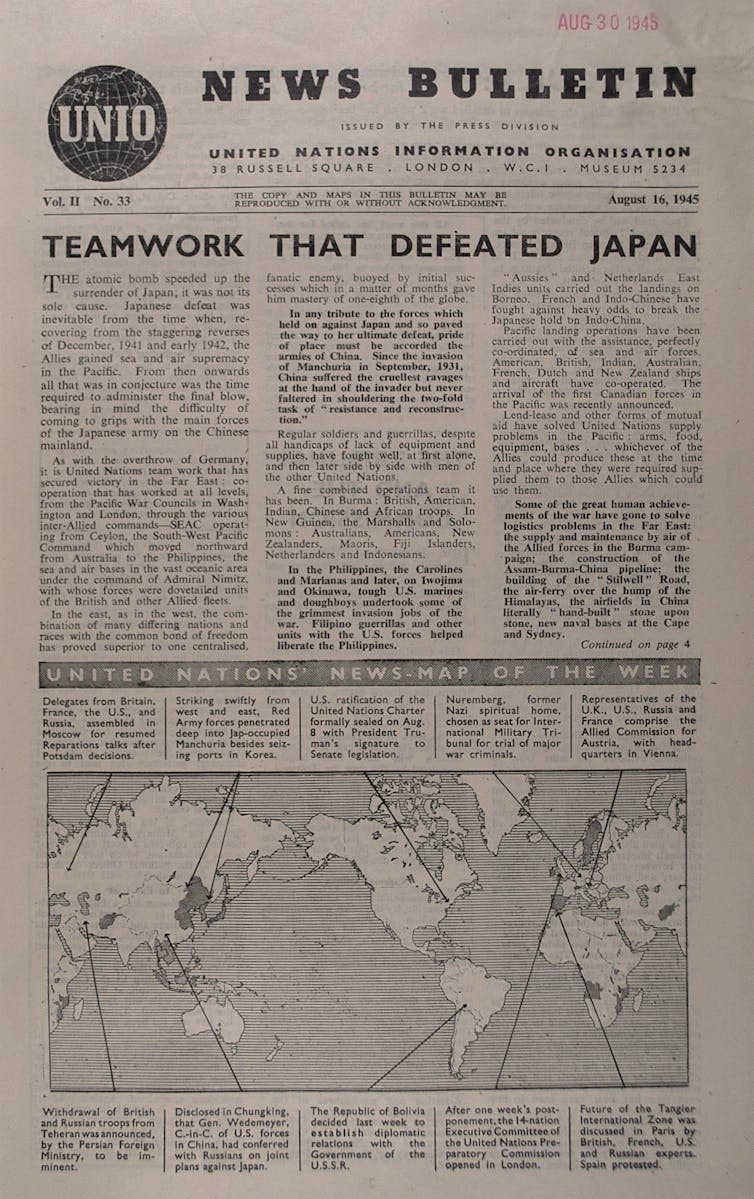 'Teamwork that defeated Japan' blares a headline on a 1945 publication.