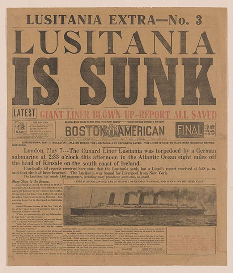 A century-old newspaper front page with headlines about the sinking of a British ocean liner by Germans.