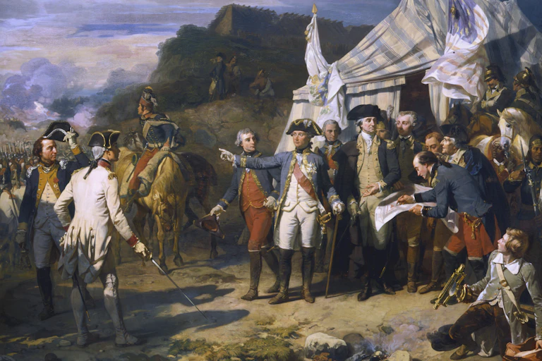 Two men dressed in elegant military uniforms of the 18th century, giving orders to other soldiers.