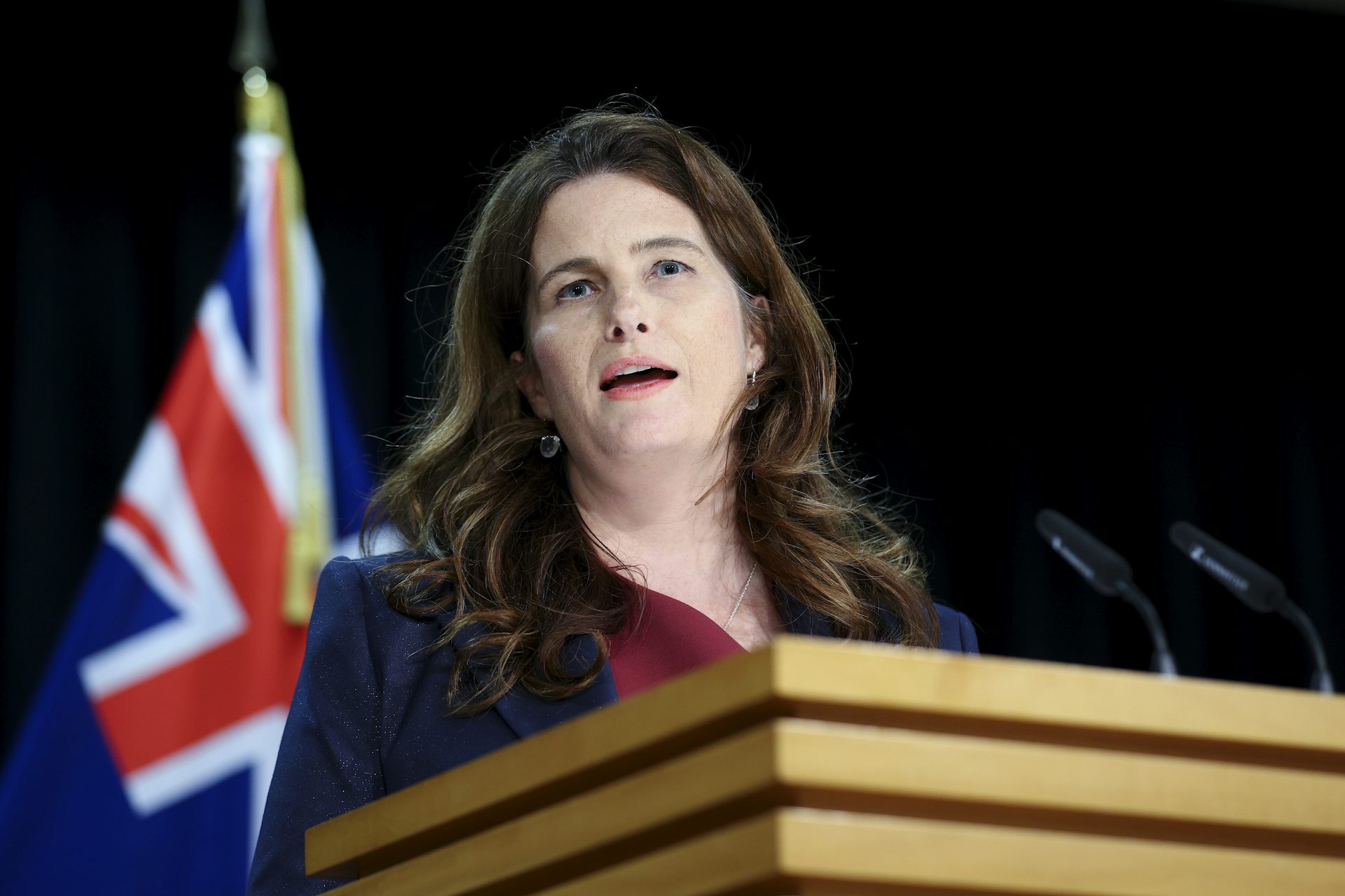Nicola Willis speaking to the media at a podium