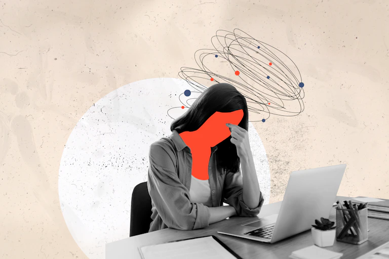 female figure looking worried, collage image.