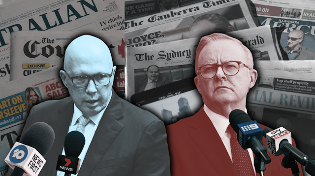 A composite image depicts Peter Dutton and Anthony Albanese set against background images of newspapers from various Australian media companies, and with news microphones displayed in the foreground.