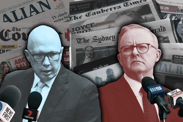 A composite image depicts Peter Dutton and Anthony Albanese set against background images of newspapers from various Australian media companies, and with news microphones displayed in the foreground.