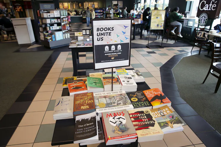 A display table of books that have been banned at some point.