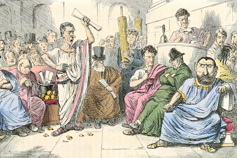 Ilustración de John Leech para la versión 'The Comic History of Rome', en la que se ve a Cicerón denunciando a Catilina.