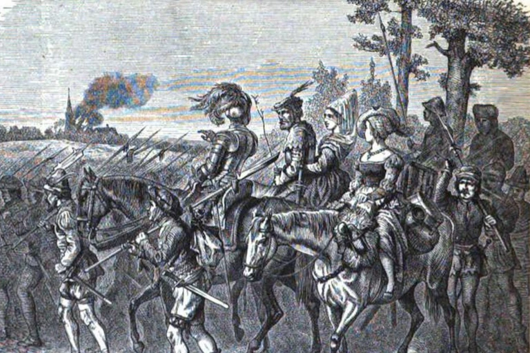 A sketch depicting several men in battle armor, accompanied by women on horseback.