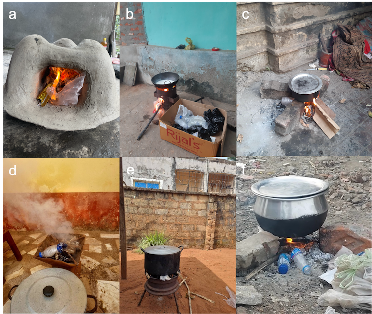 A composite image showing examples of how people are using plastic to cook and heat their homes.