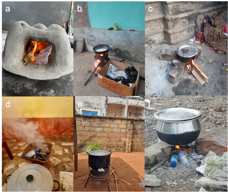 A composite image showing examples of how people are using plastic to cook and heat their homes.