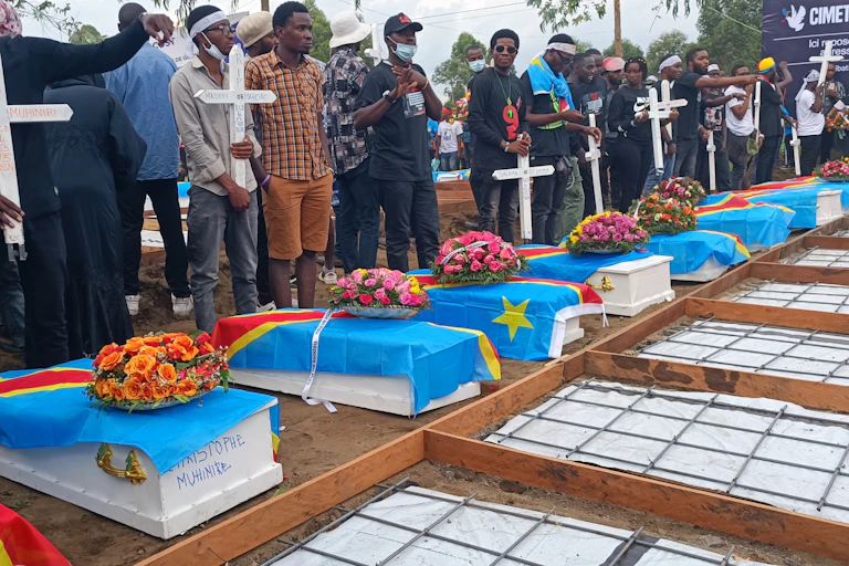 Funeral ceremony for victims of a bomb attack on a refugee camp in Goma, allegedly by M23 rebel, in May.
