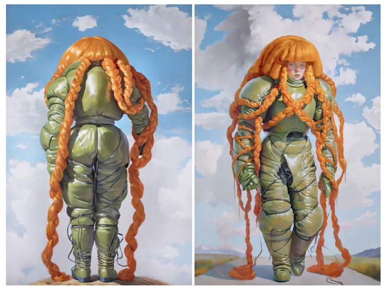 Two illustrated images of a woman with long braided orange hair wearing a puffy spacesuit-like costume.