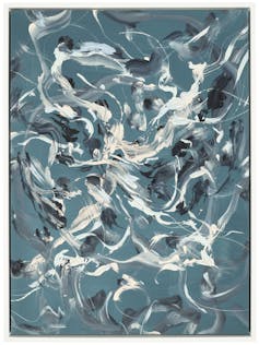 Abstract painting of black and white brushstrokes on a teal background.