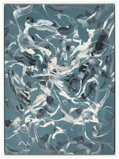 Abstract painting of black and white brushstrokes on a teal background.