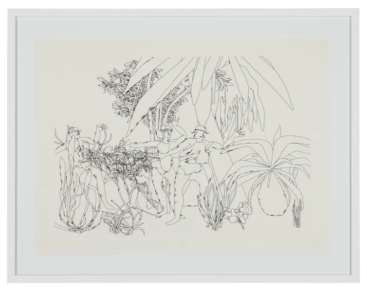 Sketch of a strange collection of people and plants.