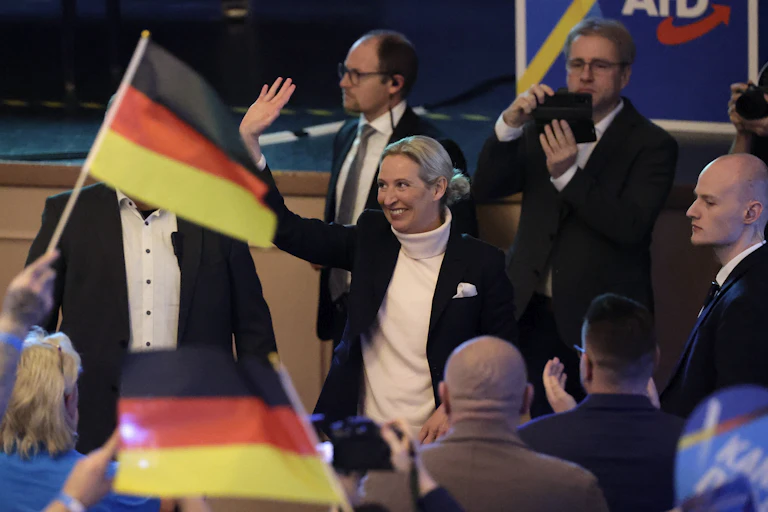 Alice Weidel waves at an AfD event, there are guests waving miniature German flags in the foreground