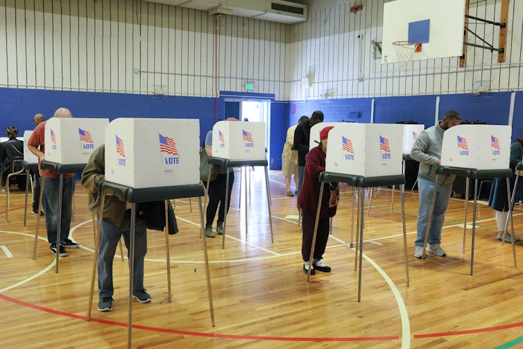 Voters in a school gym