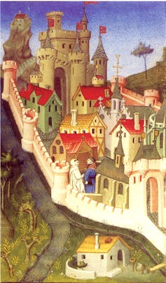 A jewel-toned miniature painting shows a small walled city with a castle.