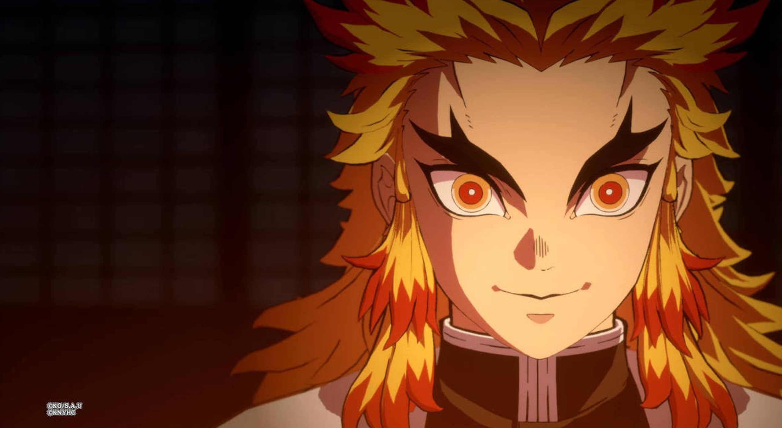 A cartoon sketch of a young man with long, bright yellow hair streaked with red, resembling flames. He has black, forked eyebrows and golden eyes with red and white pupils.