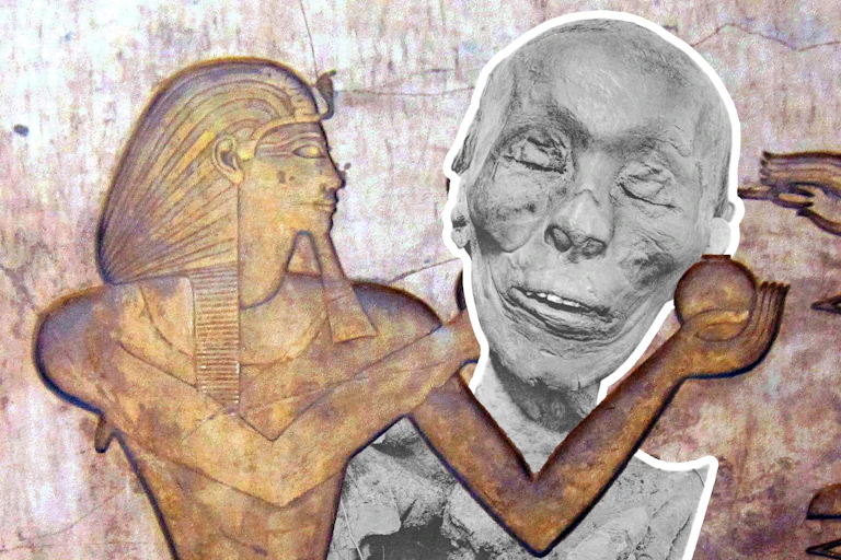 Head of mummy of parapoh Thutmose II with a hieroglyph in the background
