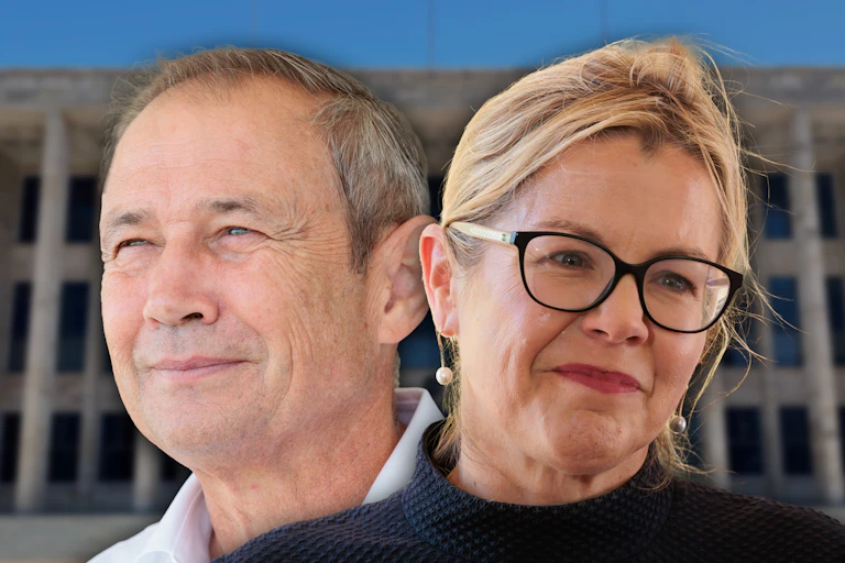 Western Australia Liberal leader, Libby Mettam and Western Australia Premier, Roger Cook in front of the WA parliament house