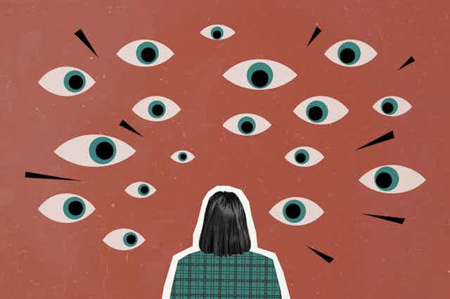 Collage of lots of eyes looking at a person.