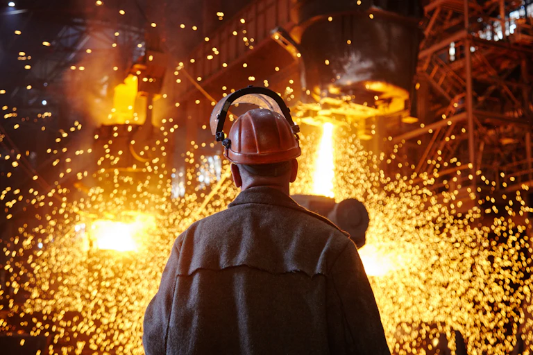 Rear view of a steelmaker facing an electric arc furnace