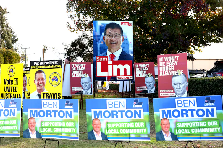 Different political signs pitched a carpark.