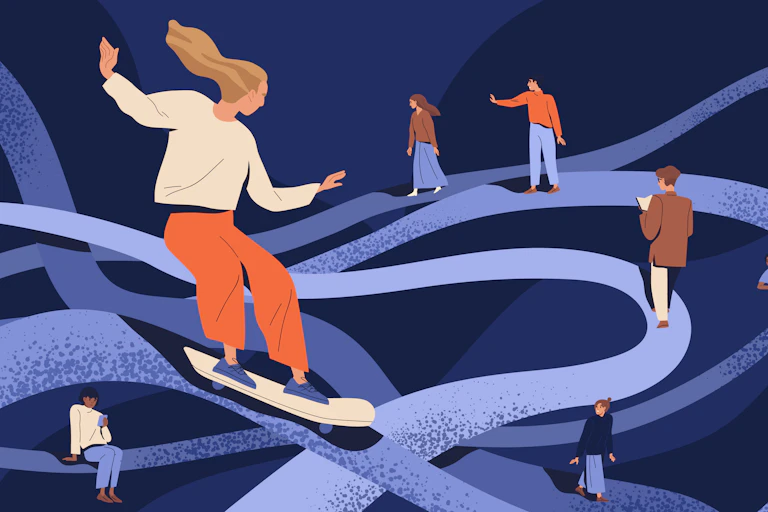 An illustration of men and women following twisting paths.