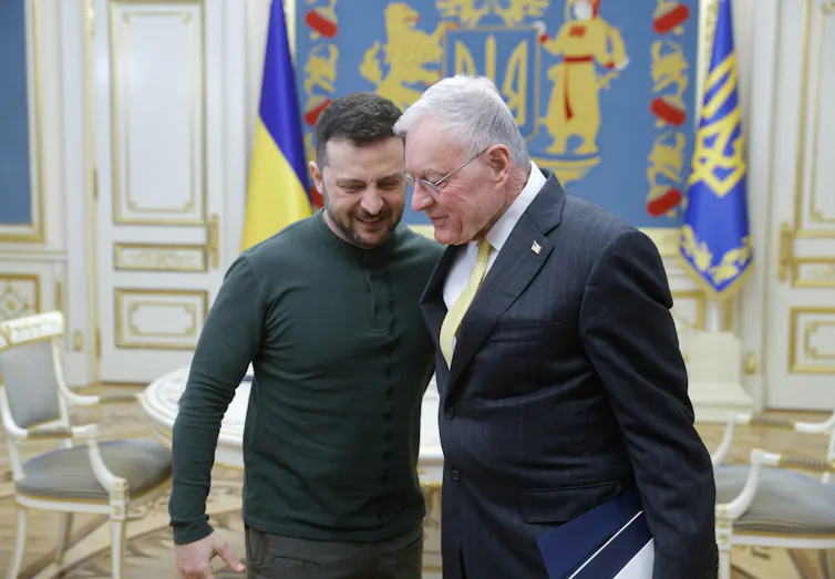 Ukraine's president Volodymyr Zelensky with US special envoy Keith Kellogg in Kyiv, February 20.
