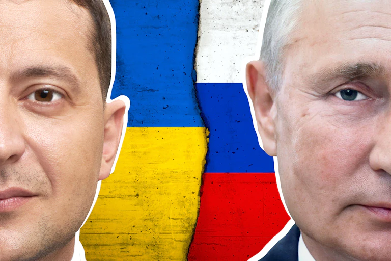 Faces of Putin and Zelensky in front of flags.
