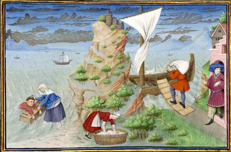 A miniature painting with people in brightly colored clothing attending to different tasks outside.