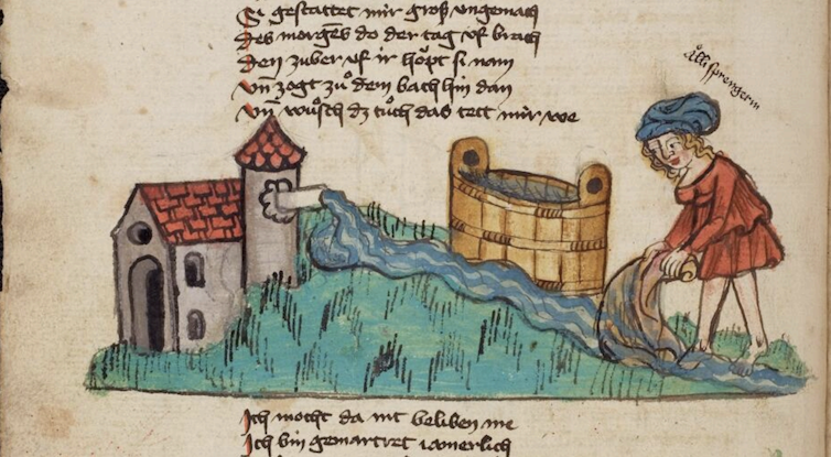 A yellowed page with a colored drawing in the middle of the text.