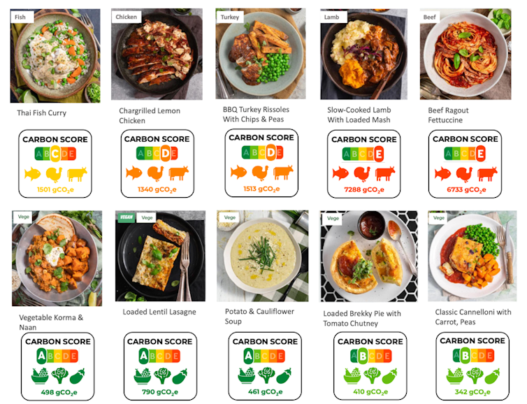 A selection of ten meals with images of the dish alongside the detailed carbon labels, including whether the food is mainly plant-based or animal-based.