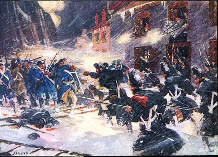 Soldiers in tricorner hats holding long rifles with bayonets move toward each other.