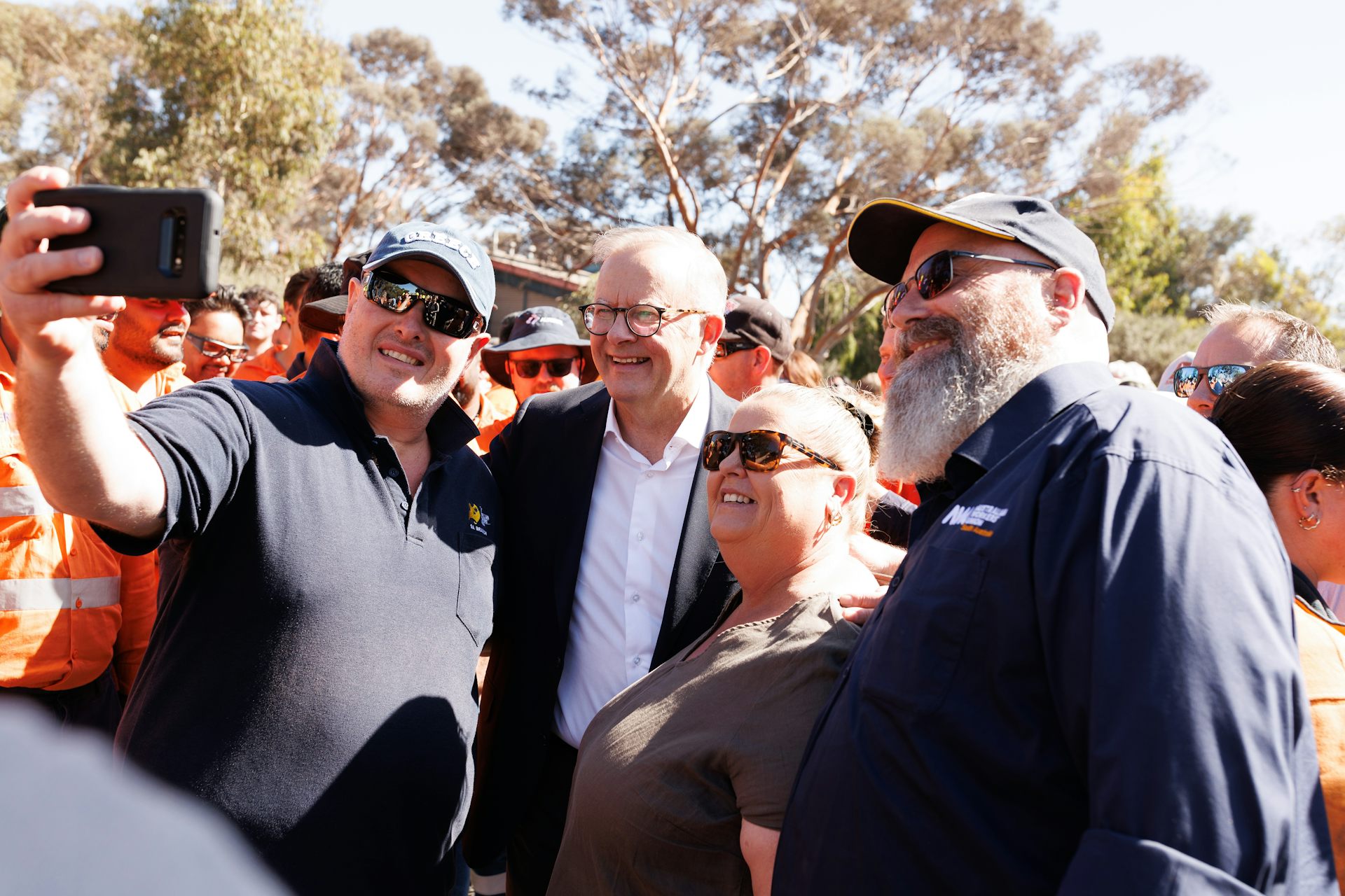 Prime Minister Anthony Albanese with workers at Whyalla Steelworks.