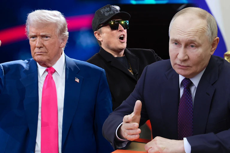 Donald Trump raising a fist, Elon Musk with a chainsaw and Vladimir Putin