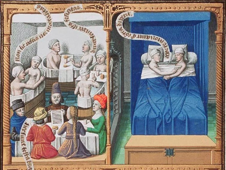 One side of the illustration shows pairs of people sitting in tubs and eating at a table, while the other shows a couple in a blue bed.
