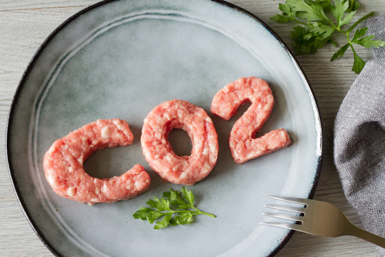 Minced red meat on a plate spells out CO2, which is short for carbon dioxide, to represent the greenhouse gas emissions