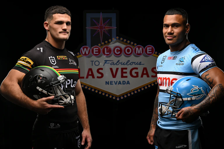 Nathan Cleary and Sione Katoa pose for a photograph to promote the NRL's games in Las Vegas