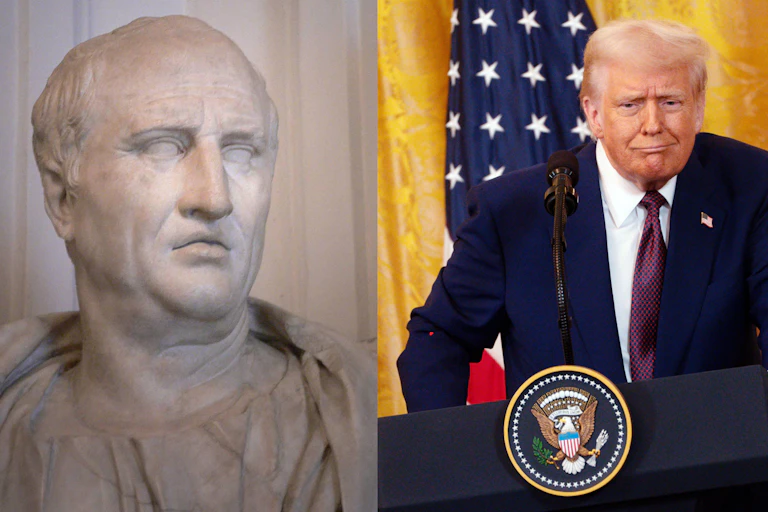 Bust of Cicero, left, and Donald Trump.