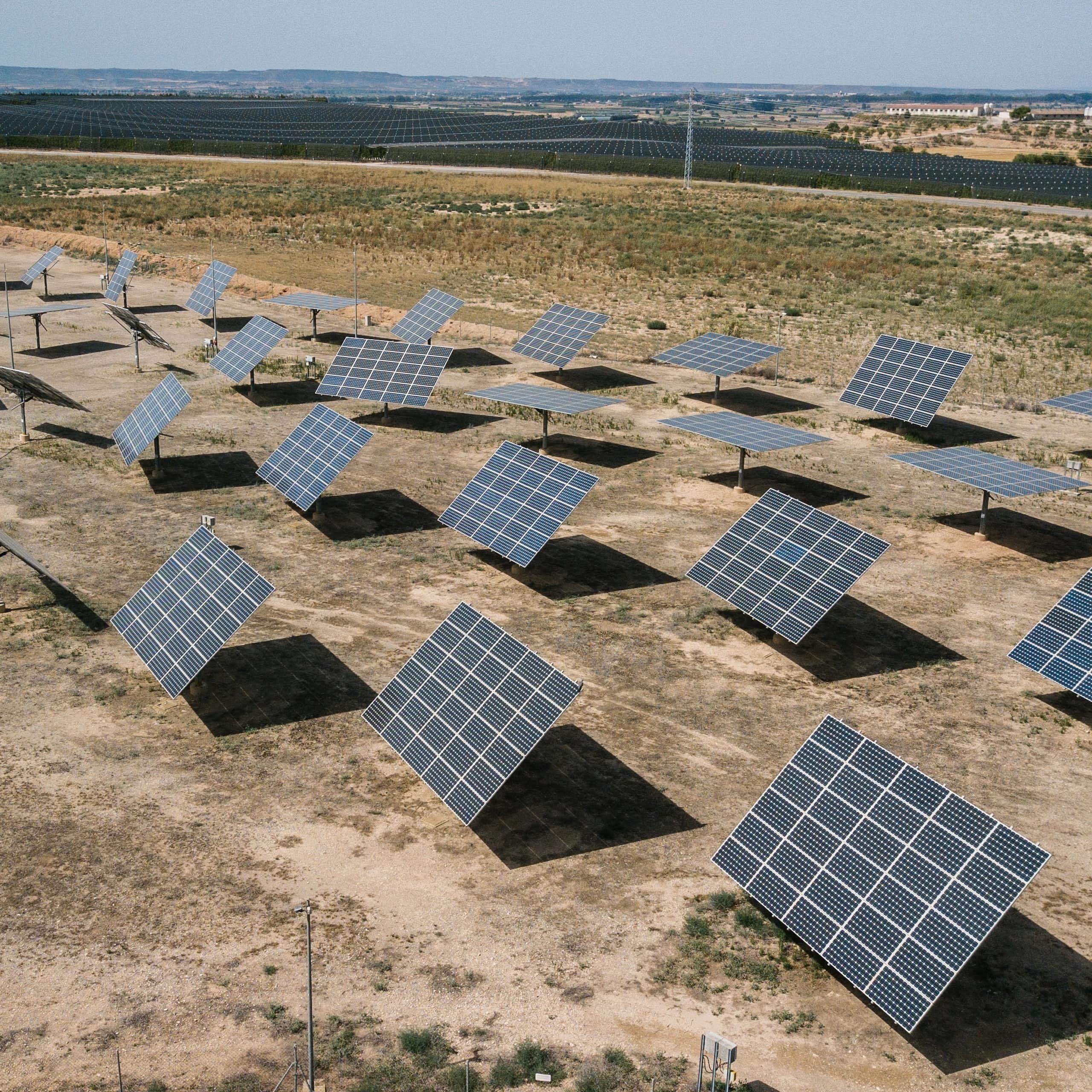 Rows of solar panels are located on a large field of light brown earth on a sunny day.
