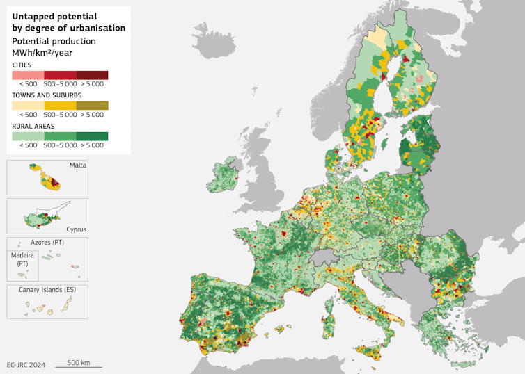 A map of Europe shows areas in EU member states where there is untapped potential for renewable energy production