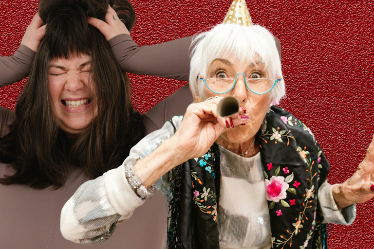 a frustrated young woman in a brown skivvy and an old woman in party clothes blowing a horn