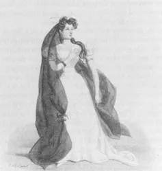 Dibujo de una mujer con vestido blanco y velo negro.