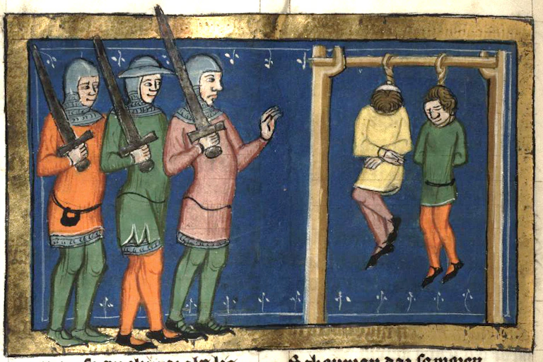 Ilustración medieval de tres soldados observando a dos cuerpos que cuelgan de la horca.