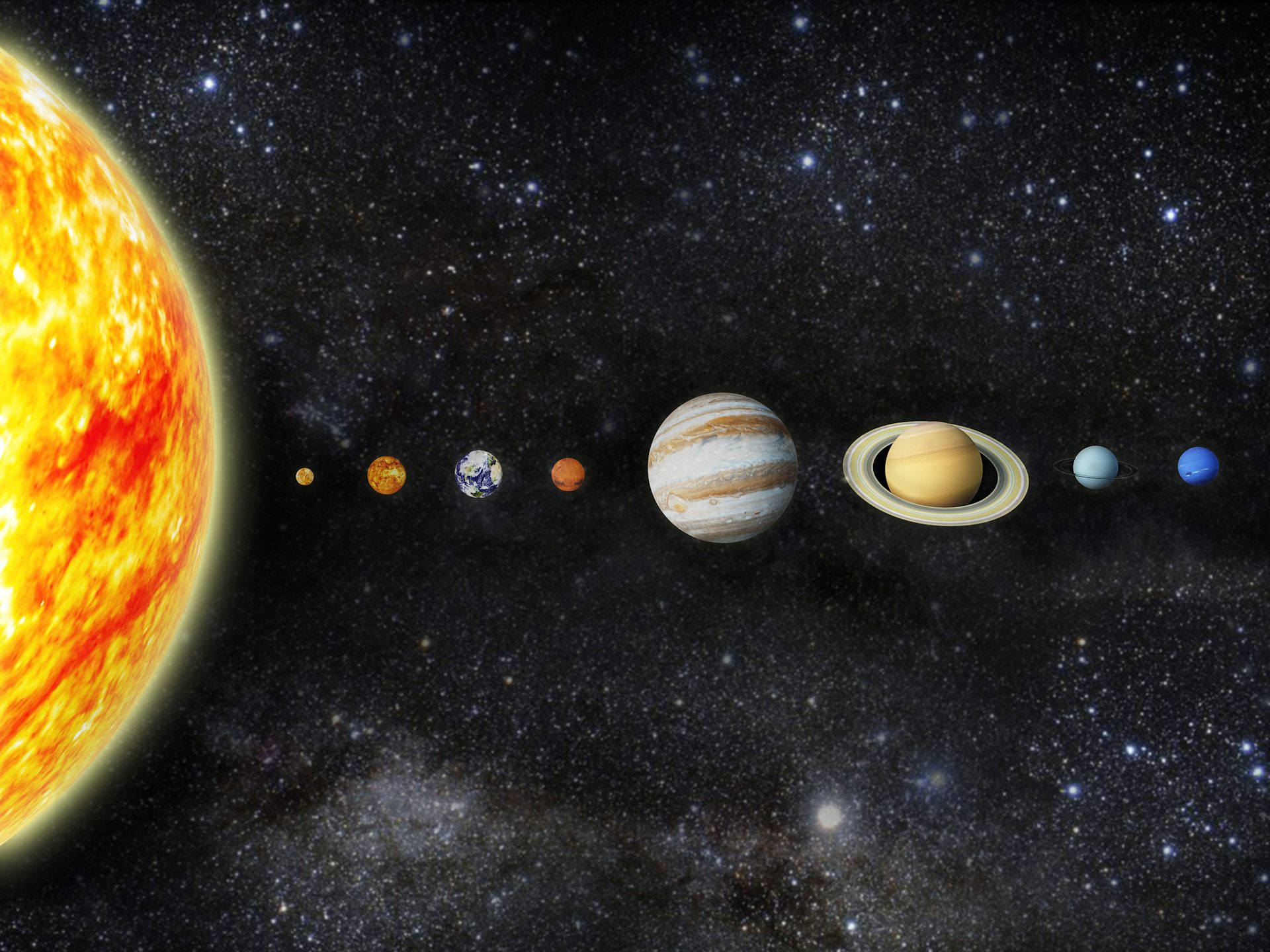 Ilustração dos planetas do Sistema Solar 'alinhados' como em um livro didático