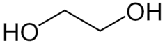 A chemical diagram showing ethylene glycol, which has a structure like HO-CH2-CH2-OH, where H is hydrogen, O is oxygen and C is carbon.