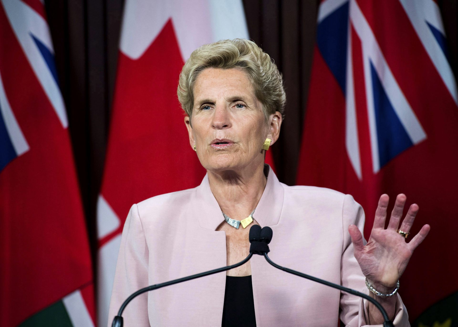 La mujer blanca de mediano envejecimiento con un cabello azul corto habla en un micrófono en el podio mientras está parado frente a la canadiense y la bandera Ontario