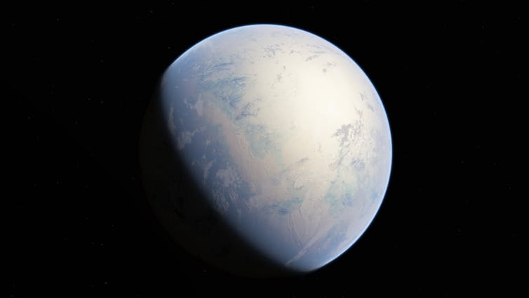 Illustration showing Earth, covered in a thick layer of ice, floating in space.