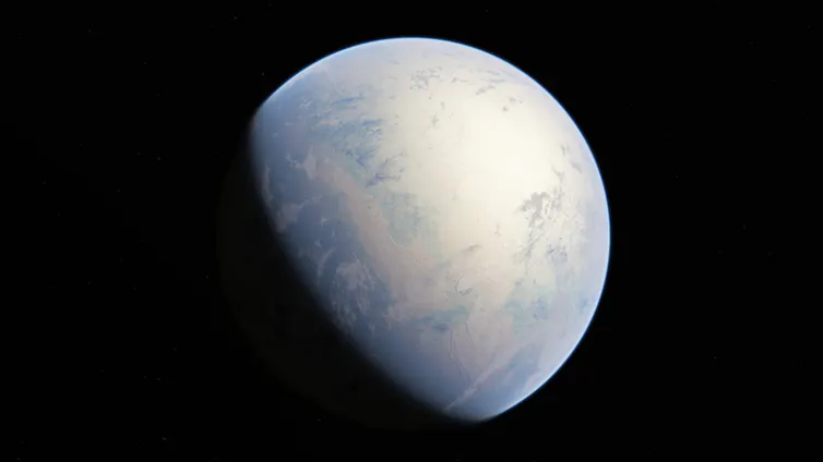 Illustration showing Earth, covered in a thick layer of ice, floating in space.